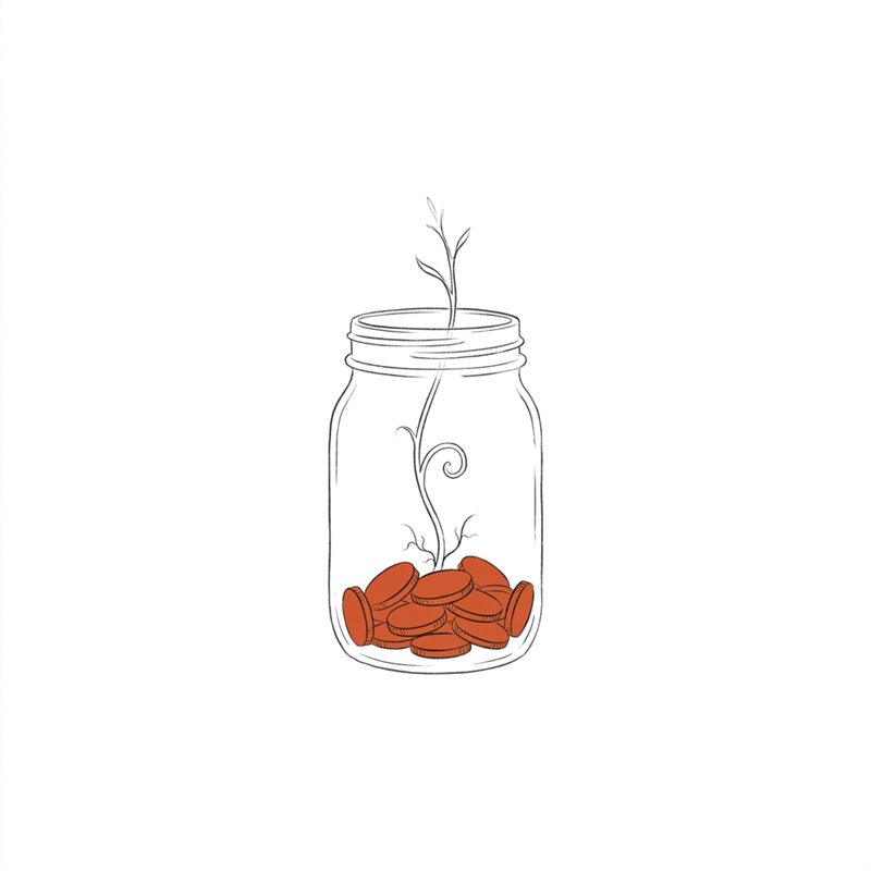 Ilustración: frasco con monedas y una planta creciendo