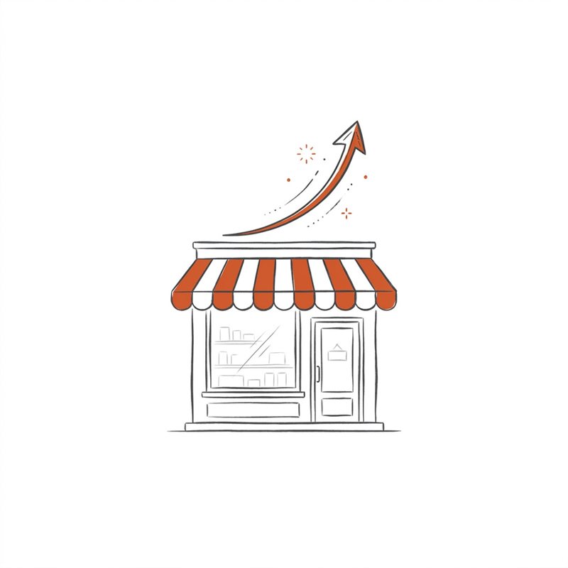 Ilustración: tienda pequeña con flecha de crecimiento